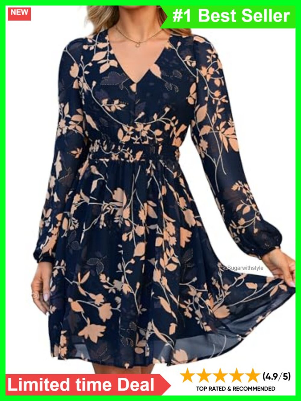 Floral Mini Dress Long Sleeve V Neck Chiffon Flowy Fall Wedding Guest